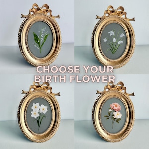 Birth Flower Mini Framed Floral Art Print - Ornate Oval Bow Gold Frame