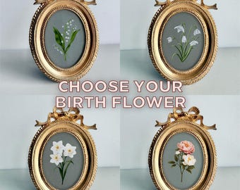 Birth Flower Mini Framed Floral Art Print - Ornate Oval Bow Gold Frame