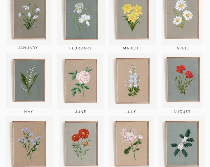 Birth Flower Prints Elegant Floral Illustrations Birth Month Botanical Artwork Gift for Birthday Anniversary Sympathy Personalized Custom