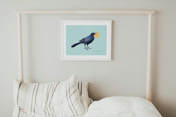 Grackle Art Print Austin Bird Painting Texas Wall Art Gift for Bird Lover Austin Texas Wall Art Bird Watcher Gift Funny Austin Art