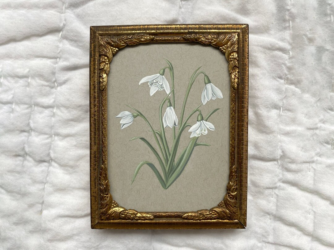 January Snowdrops Original Painting Vintage Brass Frame Antique Acrylic ...