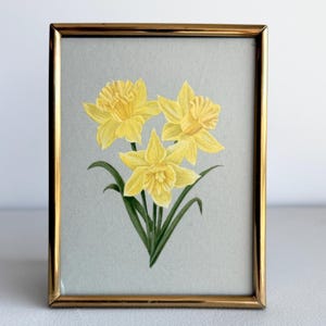 Daffodils Framed Print in Vintage Style Brass Gold Frame March Birth Flower Narcissus AS IS Small Tiny Painting Yellow Botanical Wall Art