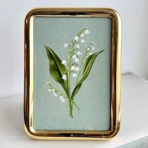 Lily of the Valley Framed Print in Vintage Style Gold Colored Frame May Birth Flower Botanical Illustration