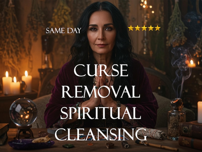 May include: An image featuring a woman with long dark hair, wearing a burgundy velvet top, and hands clasped in prayer. Text on the image reads "CURSE REMOVAL SPIRITUAL CLEANSING" and "SAME DAY". A crystal ball, candles, and other spiritual items are on the table.