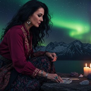 May include: A woman in a burgundy top and patterned skirt sits outdoors, reading tarot cards. Three lit candles and crystals are on a stone surface. The night sky features the aurora borealis and a full moon over a mountain range.