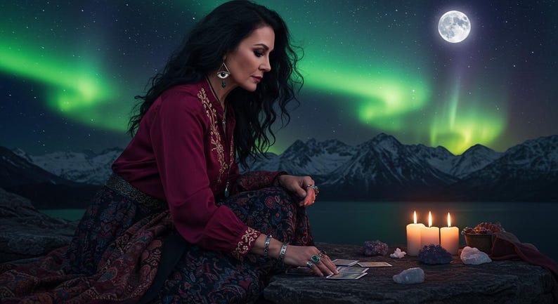 May include: A woman in a burgundy top and patterned skirt sits outdoors, reading tarot cards. Three lit candles and crystals are on a stone surface. The night sky features the aurora borealis and a full moon over a mountain range.