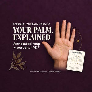 Könnte beinhalten: Eine digitale Grafik mit einer offenen Handfläche mit goldenen Linien, begleitet von einer kleinen Karte mit der Aufschrift Your Palm Map. Der Text lautet Personalized Palm Reading, Your Palm, Explained, Annotated map + personal PDF und Illustrative example.