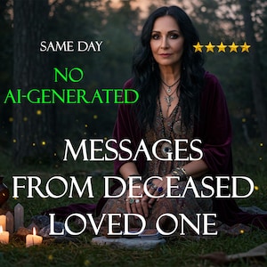 May include: An image featuring a woman with long dark hair, wearing a burgundy shawl and jewelry, sitting outdoors. Text on the image reads "Same Day, No AI-Generated, Messages From Deceased Loved One."