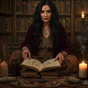 May include: A woman with long black hair and a dark burgundy robe sits cross-legged, reading an open book. Lit candles and stacks of old books surround her, with a bookshelf in the background. The scene evokes a mystical or occult theme.