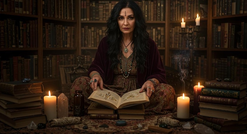 May include: A woman with long black hair and a dark burgundy robe sits cross-legged, reading an open book. Lit candles and stacks of old books surround her, with a bookshelf in the background. The scene evokes a mystical or occult theme.