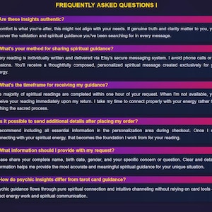 May include: A digital graphic with the title "FREQUENTLY ASKED QUESTIONS I" in yellow text. The image contains a list of questions and answers about spiritual guidance, with each question highlighted in a pink and purple gradient.