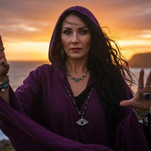 May include: A woman in a purple hooded robe stands outdoors with arms outstretched. She wears multiple rings and bracelets, and a necklace with an eye pendant. The background features a sunset over the ocean.