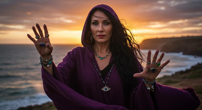 May include: A woman in a purple hooded robe stands outdoors with arms outstretched. She wears multiple rings and bracelets, and a necklace with an eye pendant. The background features a sunset over the ocean.