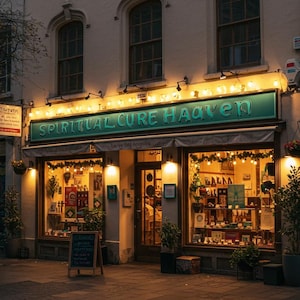 May include: Exterior shot of a shop called "Spiritual Cure Haven" at dusk. The shop has a green awning with the shop name in white lettering. The windows display various items, and the shop is lit with warm lights.