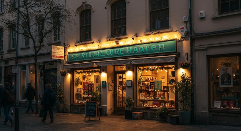 May include: Exterior shot of a shop called "Spiritual Cure Haven" at dusk. The shop has a green awning with the shop name in white lettering. The windows display various items, and the shop is lit with warm lights.