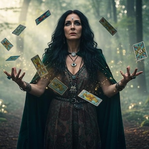May include: A woman with long black hair and a green cape levitates tarot cards in a forest setting. She wears a necklace with an eye pendant and a patterned dress. The scene is mystical, with soft lighting and glowing particles.