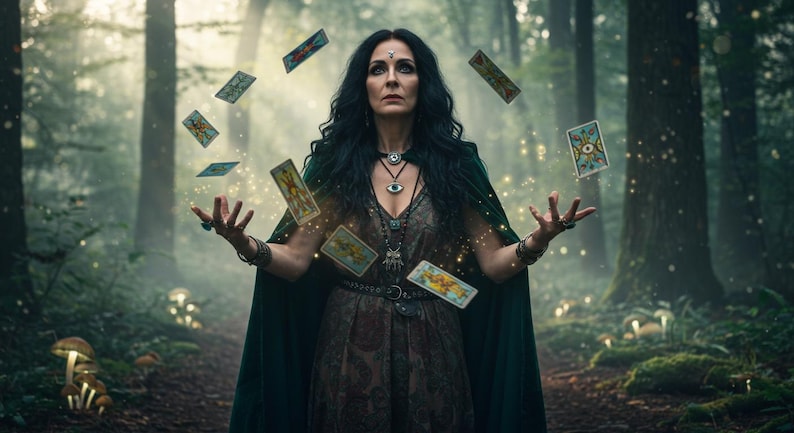 May include: A woman with long black hair and a green cape levitates tarot cards in a forest setting. She wears a necklace with an eye pendant and a patterned dress. The scene is mystical, with soft lighting and glowing particles.