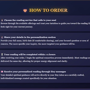 May include: A dark blue graphic with the text "HOW TO ORDER" in gold. The image details the steps to order a reading service, including choosing a service, sharing details, completion time, and receiving the reading via Etsy messages.