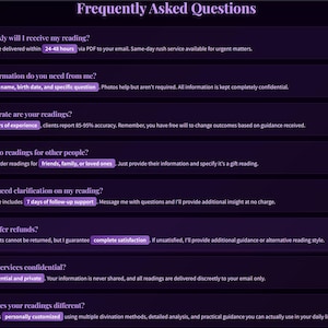 May include: A dark purple graphic with the title "Frequently Asked Questions" in white. The text answers common questions about readings, including turnaround time, information needed, accuracy, and confidentiality. The text is in a sans-serif font.