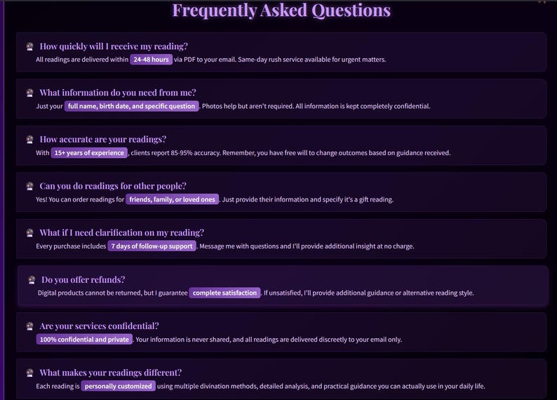 May include: A dark purple graphic with the title "Frequently Asked Questions" in white. The text answers common questions about readings, including turnaround time, information needed, accuracy, and confidentiality. The text is in a sans-serif font.