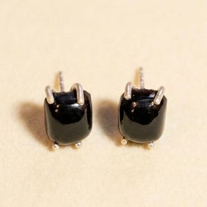 Può includere: Un paio di orecchini a bottone quadrati neri. Ogni orecchino presenta una pietra quadrata scura e lucida tenuta in posizione da artigli color argento. Gli orecchini sono esposti su una superficie beige chiaro, evidenziando il loro design semplice ed elegante.