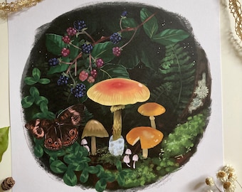 August (mushroom, fern, moss, blackberry woodland forest print)