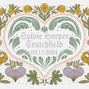 Regalo per bambini in stile Fraktur personalizzato personalizzato / Certificato di nascita semplice (tulipano e uccello) 11x14 COLORAZIONI MULTIPLE