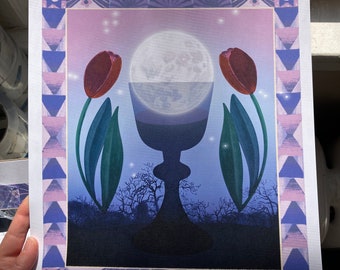 A Sip of the Moon, 11x14 print - moon in a glass, with tulips, stars, and trees