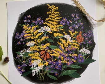 September (Goldenrod, Aster, Honeybee, Monarch) print 12x12