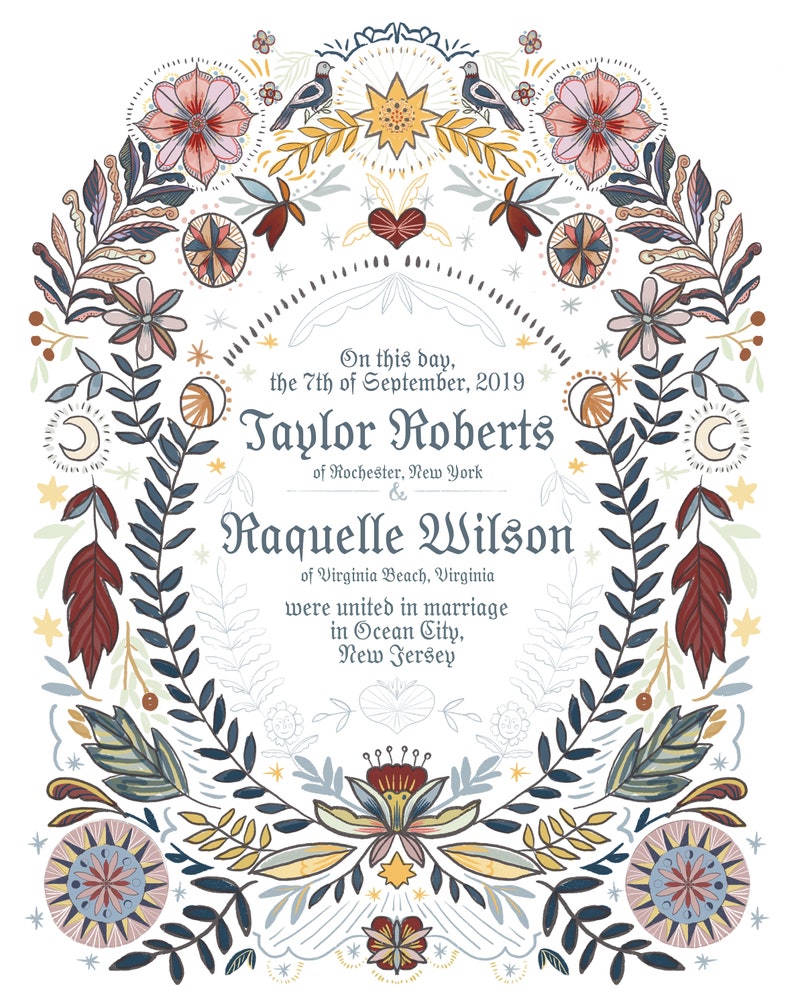 Custom Modern Personalized Fraktur Style Wedding Certificate 11x14 on thick soft paper image 1