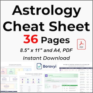 May include: A white digital download titled "Astrology Cheat Sheet" with the text "36 Pages." The document is available in 8.5" x 11" and A4 PDF formats. Includes sample pages with astrological charts and symbols.