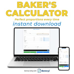 Op de afbeelding: Een laptop en smartphone met een bakcalculator-interface. Het laptopscherm toont een gedetailleerde receptberekening, met de tekst "Baker's Calculator" in geel. De tekst "Perfect proportions every time instant download" is ook zichtbaar.