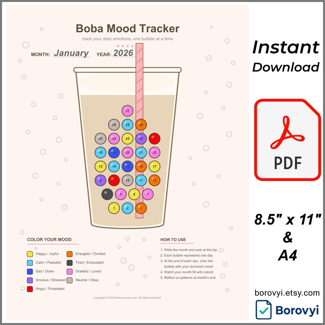 Boba Mood Tracker | Bubble Tea Journal | Kawaii Mental Health Printable ...