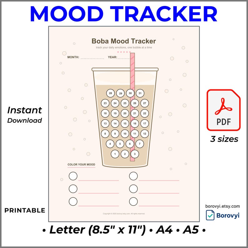Mood Tracker Printable Boba Tea: Letter, A4, A5 PDF - Etsy Canada