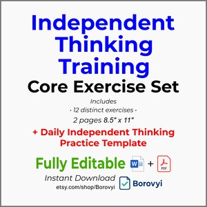 May include: A white background with text that reads "Independent Thinking Training Core Exercise Set." Includes 12 exercises, 2 pages, 21.59 cm x 27.94 cm, and a daily practice template. The text "Fully Editable" is in green.