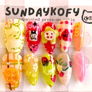 pink nails with cat, press on nails, cute nails, pink nails, strawberry nails, aesthetic nails, flower nails, gift for her, tomagatchi nails