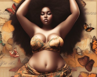 Black Ai Art Melanin Thick Hair Plus Size Fashion Girl | Digital Artwork African American Woman Clipart | Wall Print Download Downloadable