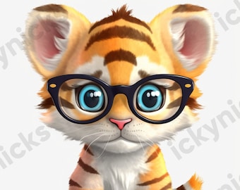 Midjourney Tiger | Cute Safari Animal with Eyeglasses | Digital Ai Artwork and Cartoon Jungle Zoo | Baby Nursery Clipart Wall Art Download