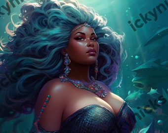Digital Ai Art Melanin Girl | Fantasy Art Digital Clipart | Black Beautiful Plus Size Woman Mermaid | African American Queen | Ai Artwork