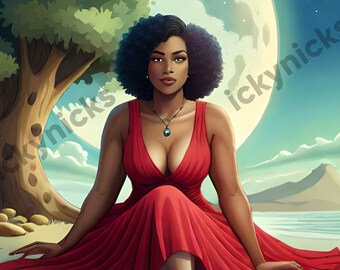 Black Ai Art Sensuality | Melanin Woman Digital Artwork Clipart | African American Beautiful Plus Girl Dress | Download Print Picture