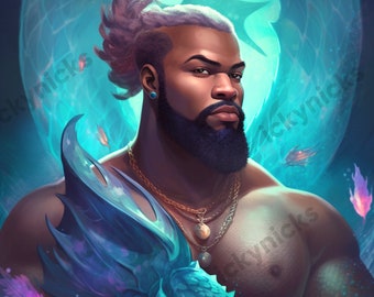 Digital Ai Artwork Melanin Man Clipart | Black Mermaid Guy Fantasy Art | African American Male Model Plus Size Fashionista Merman Wall Print