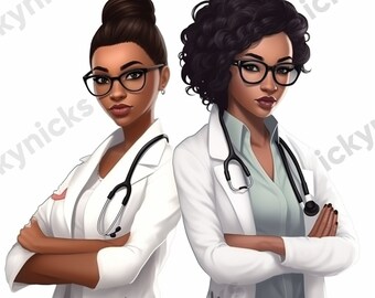 Melanin Nurses with Scrubs Clipart | Black Girl Doctor Cartoon | African American Women Healthcare Careers | Digital Art Prints