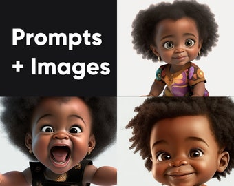 Midjourney Baby Face Prompts | Black Kid Cartoon Clipart | Digital Art Prints Melanin Boy and Girl | Children Illustration African American