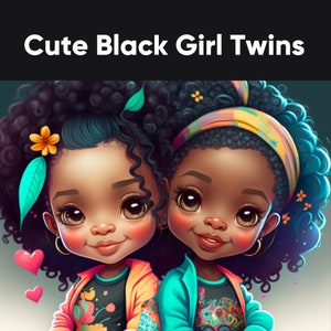 Midjourney Digital Art Cartoon Style Clipart Black Girl Magic and Ai African American Females PNG Cute Melanin Twins, Images, Artwork image 2