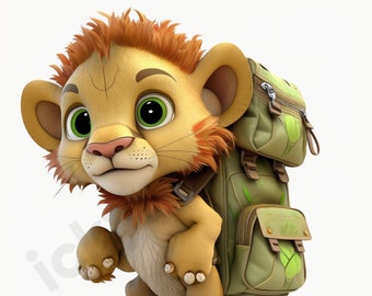 Ai Character Jungle Animals | Clipart of Cute Cartoon Explorer Safari Baby Lion | Midjourney Zoo Nursery Digital Art Wall Print Download