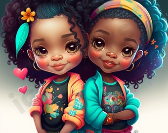 Midjourney Digital Art Cartoon Style Clipart | Black Girl Magic and Ai African American Females PNG | Cute Melanin Twins, Images, Artwork