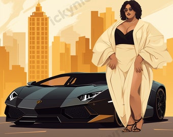 Black Ai Art Beautiful Melanin Plus Size Fashion | Digital Artwork African American Woman Digital Print | Lamborghini Car Wall Downloadable