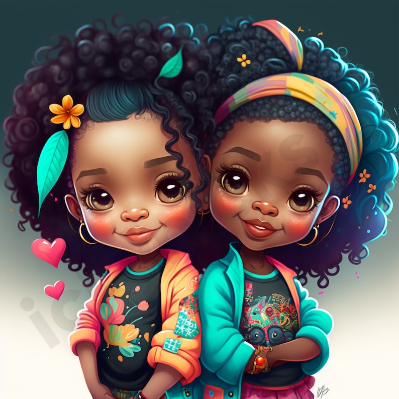 Midjourney Digital Art Cartoon Style Clipart Black Girl Magic and Ai African American Females PNG Cute Melanin Twins, Images, Artwork image 1