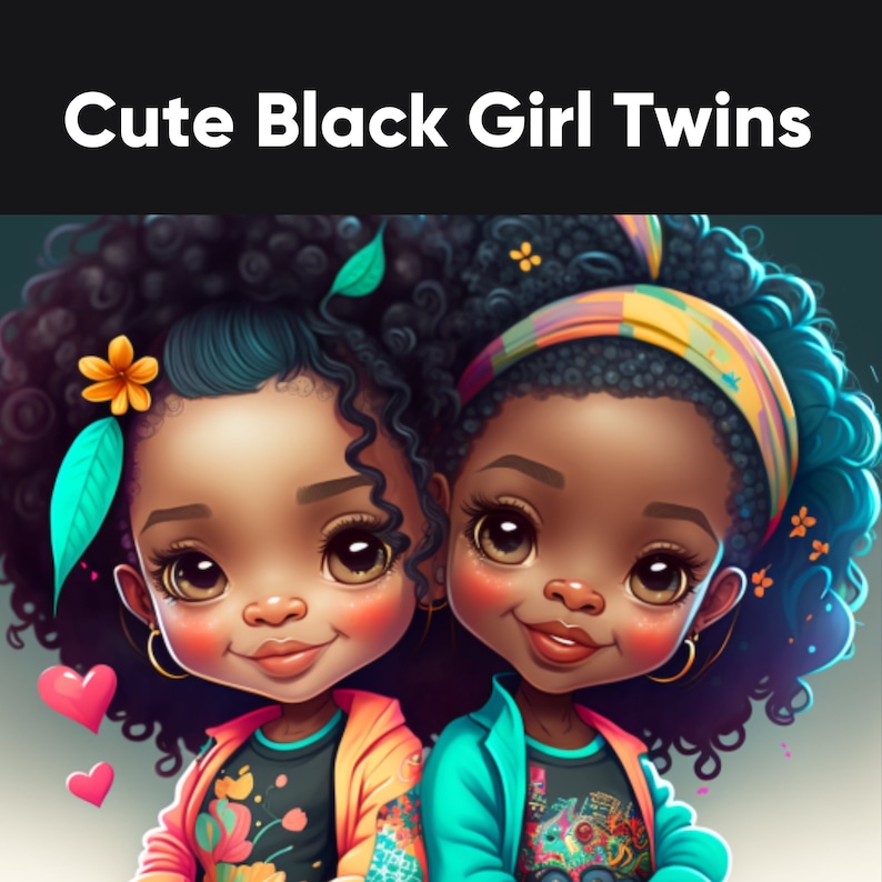 Midjourney Digital Art Cartoon Style Clipart Black Girl Magic and Ai African American Females PNG Cute Melanin Twins, Images, Artwork image 4
