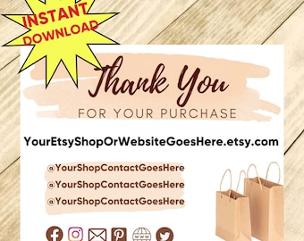 Thank You for Your Purchase Cards Business Template Personalize Thank You Cards Instant Digital Download Inserts Printable Customizable 1012
